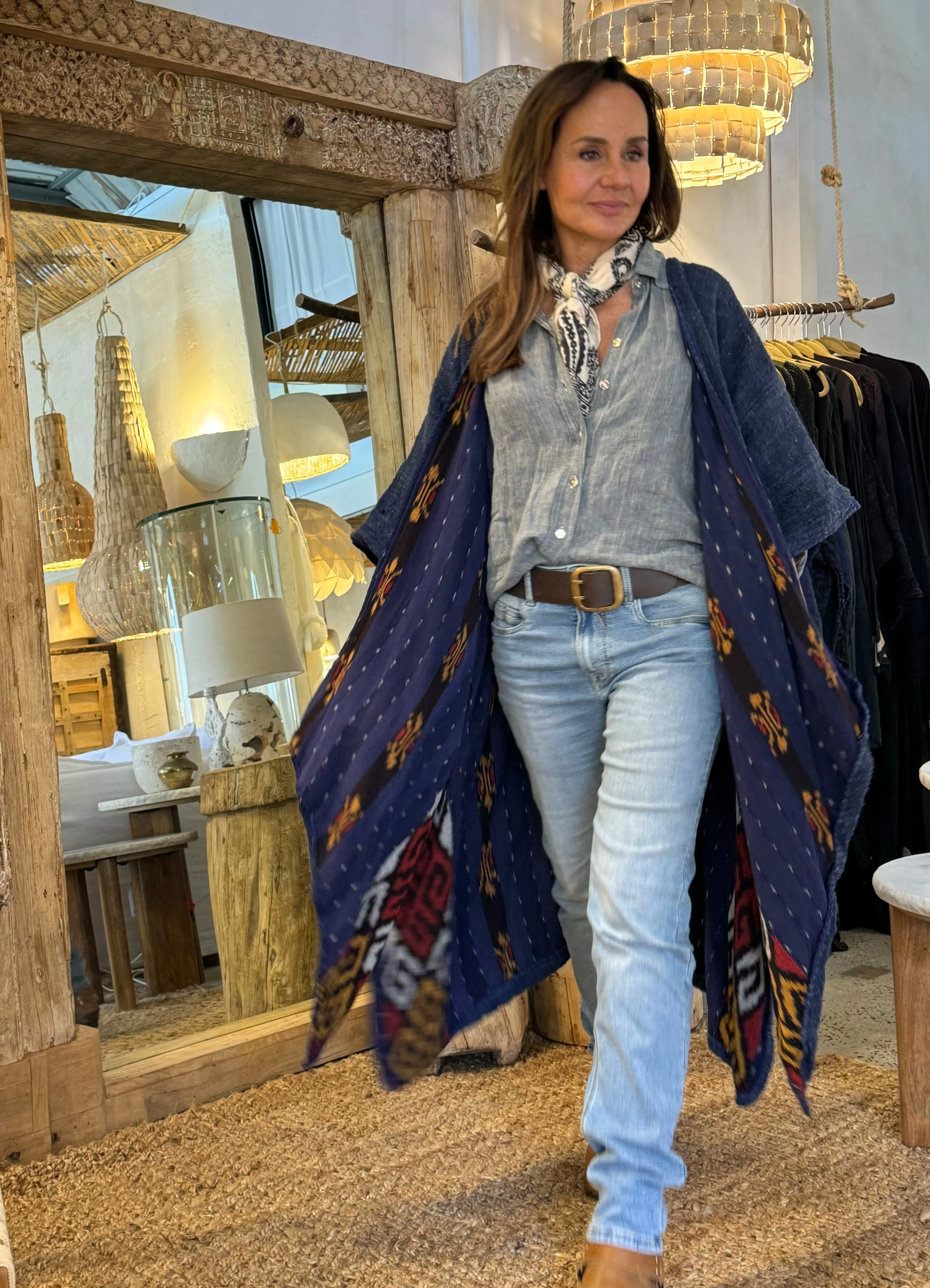 'Indah' Batiq Lined Cape, Indigo. Each one has a unique ikat pattern lining.