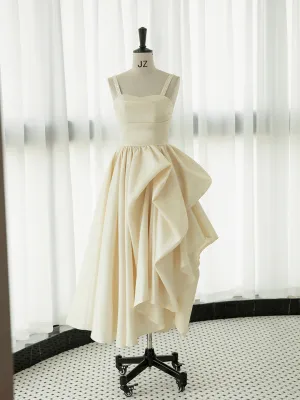 Irregular Champagne Tea Length Prom Dress Simple A-Line Evening Party Dress