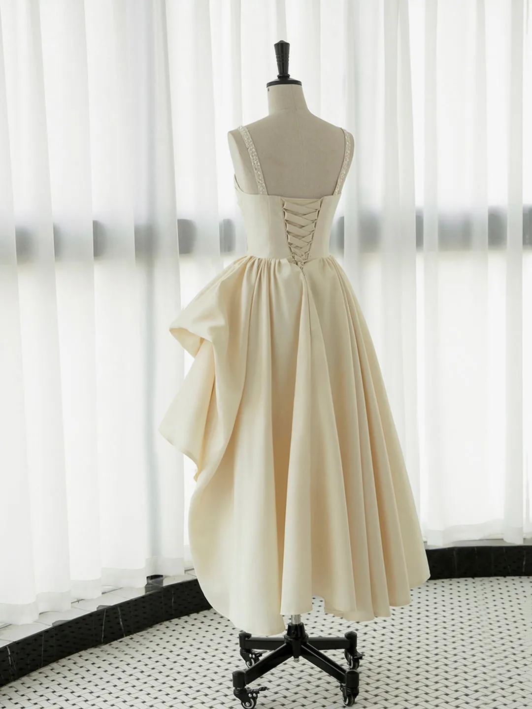 Irregular Champagne Tea Length Prom Dress Simple A-Line Evening Party Dress