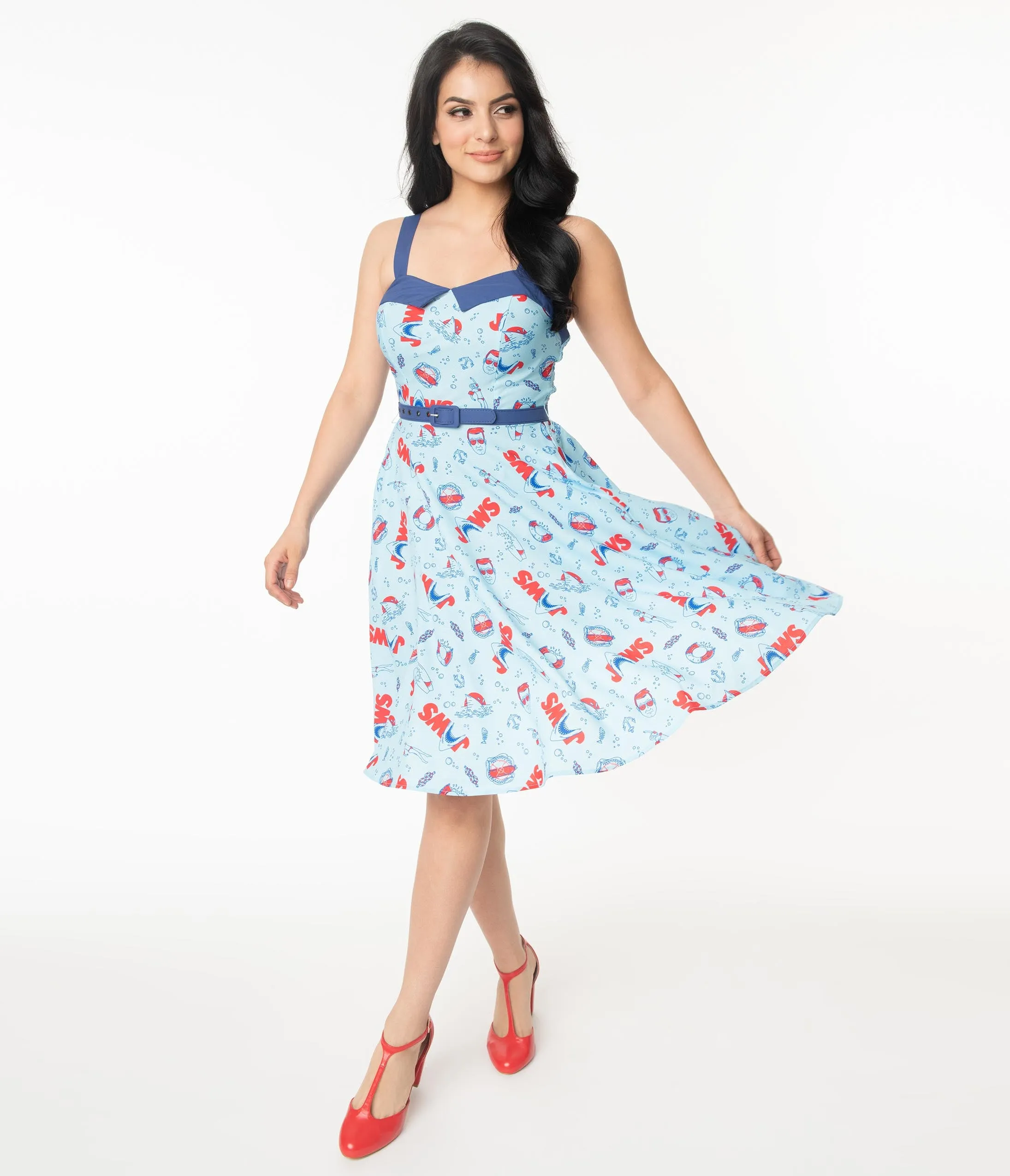 Jaws x Unique Vintage Jaws Icon Print Rachel Swing Dress