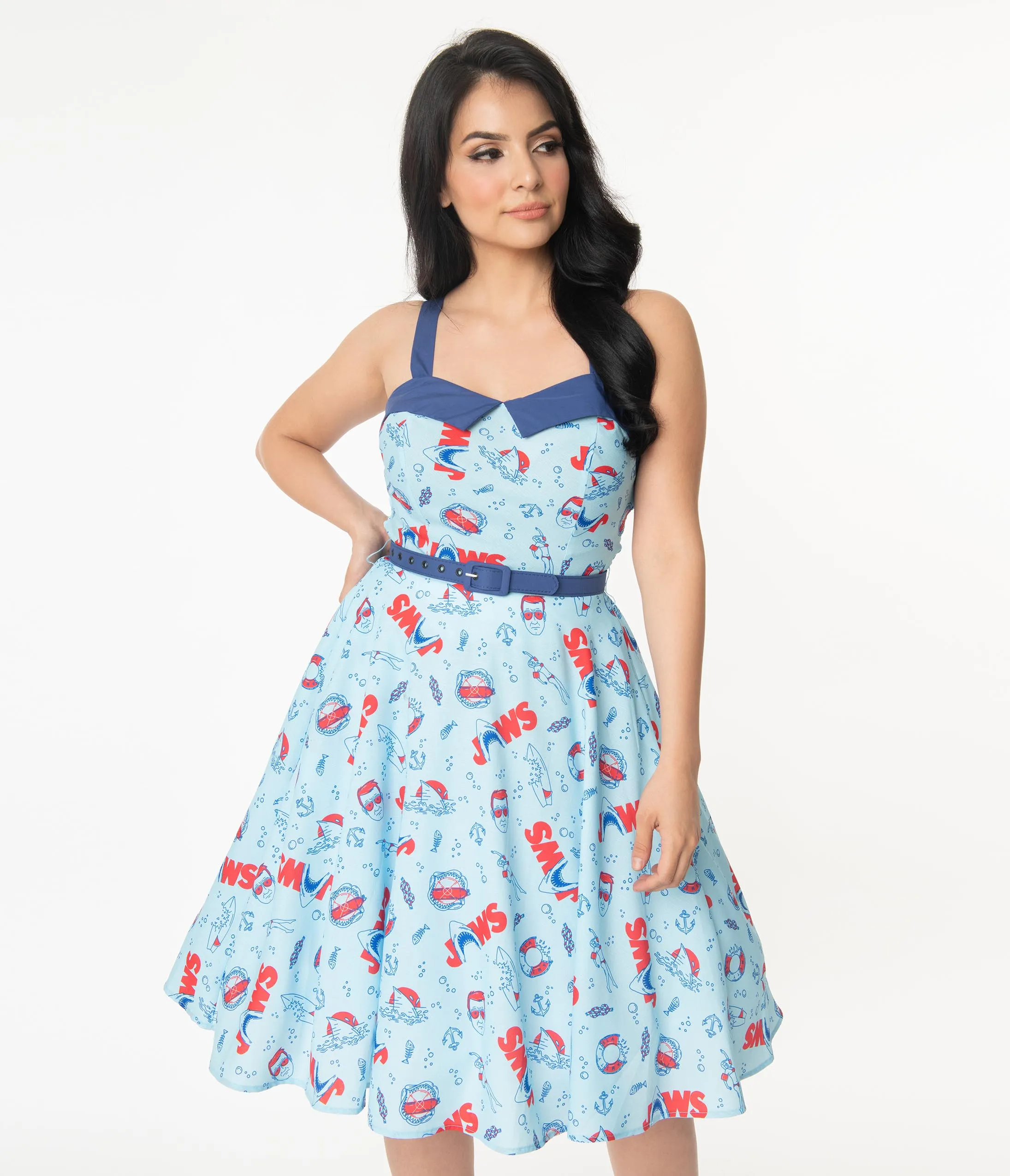 Jaws x Unique Vintage Jaws Icon Print Rachel Swing Dress