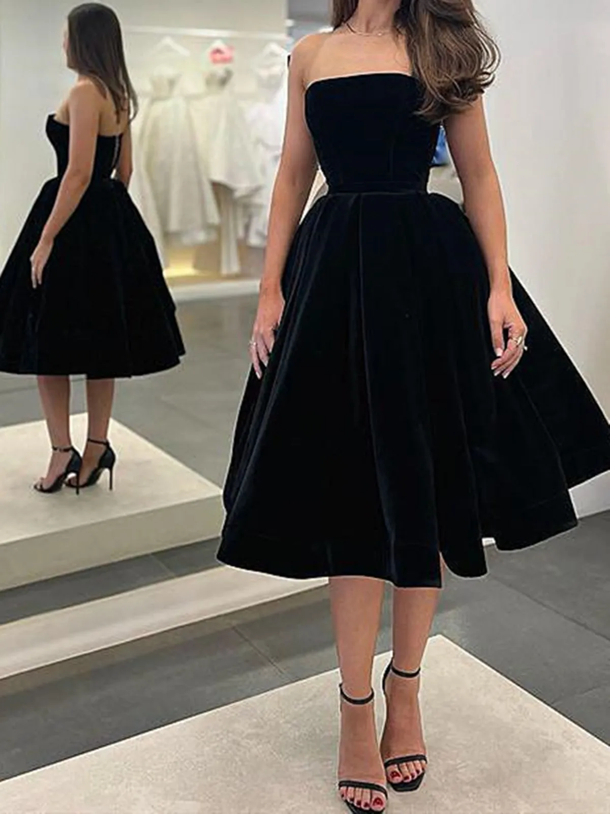 Knee Length Black Velvet Prom Dresses,Short Graduation Homecoming Dresses