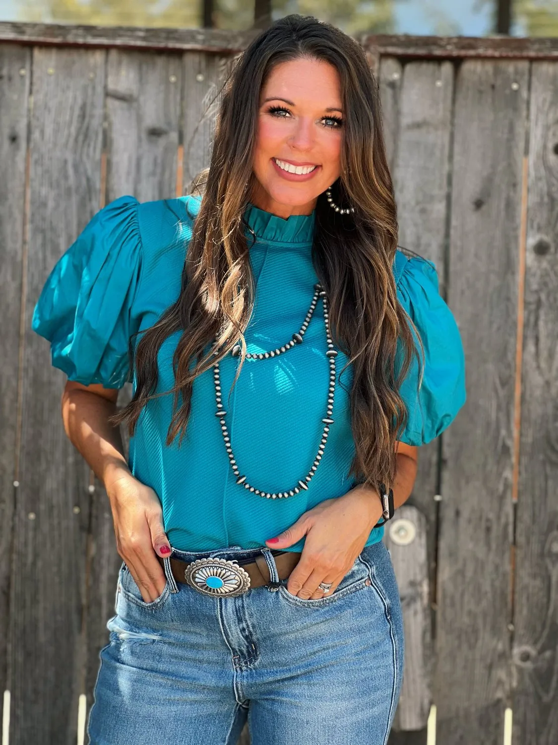 Kristi Teal Puff Sleeve Top