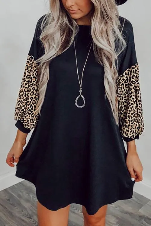 Leopard Patchwork Swing Long Sleeve Dress