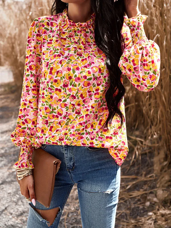 Long Sleeves Loose Elasticity Flower Print Ruffled Mock Neck Blouses&Shirts Tops