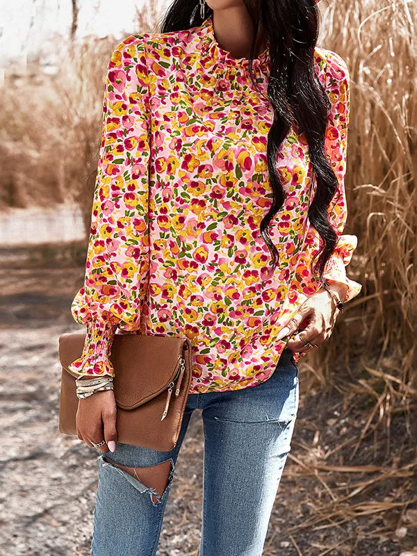 Long Sleeves Loose Elasticity Flower Print Ruffled Mock Neck Blouses&Shirts Tops