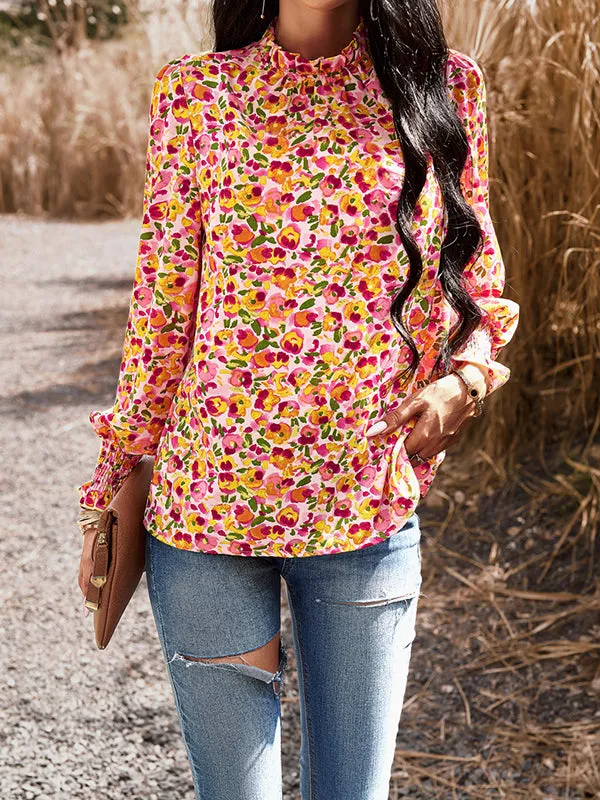 Long Sleeves Loose Elasticity Flower Print Ruffled Mock Neck Blouses&Shirts Tops