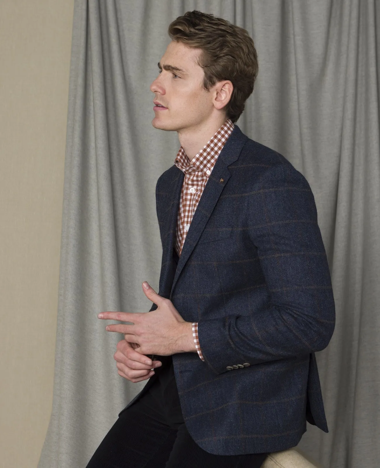 MAGEE Donegal Tweed Jacket - Mens Clady - Navy With Subtle Overcheck