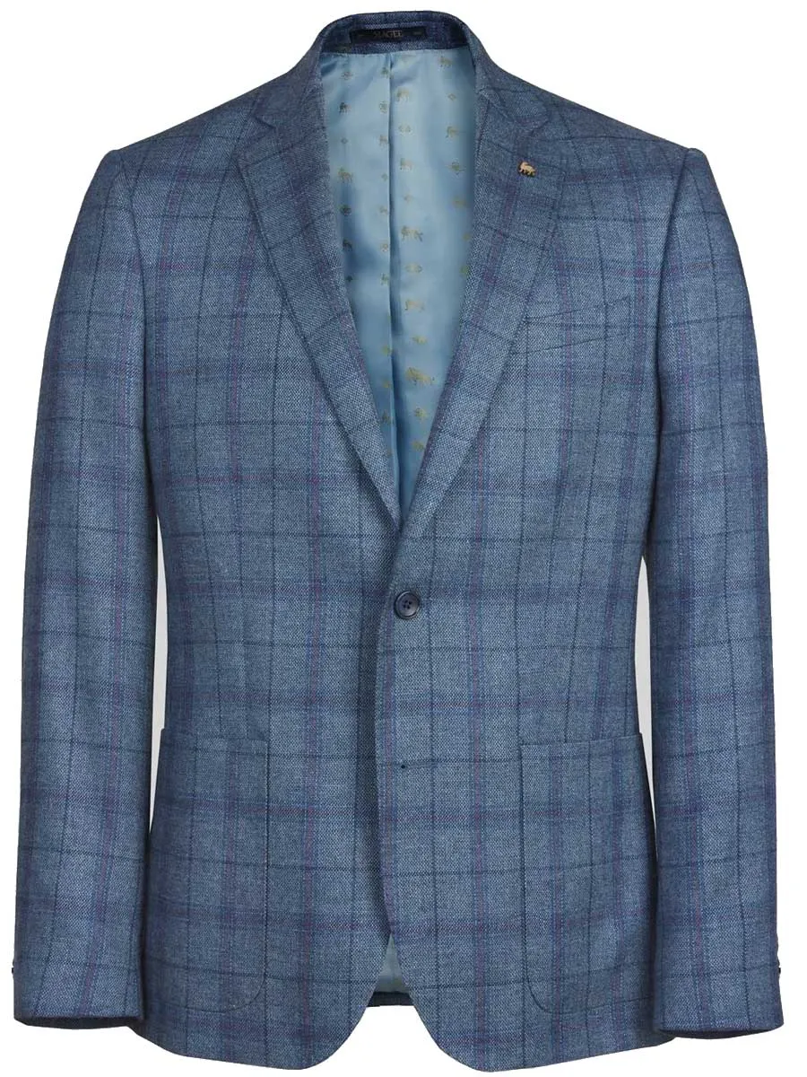 MAGEE Midweight Tweed Jacket - Mens Finn Patch Pocket - Blue with Navy, Tangerine & Raspberry Check