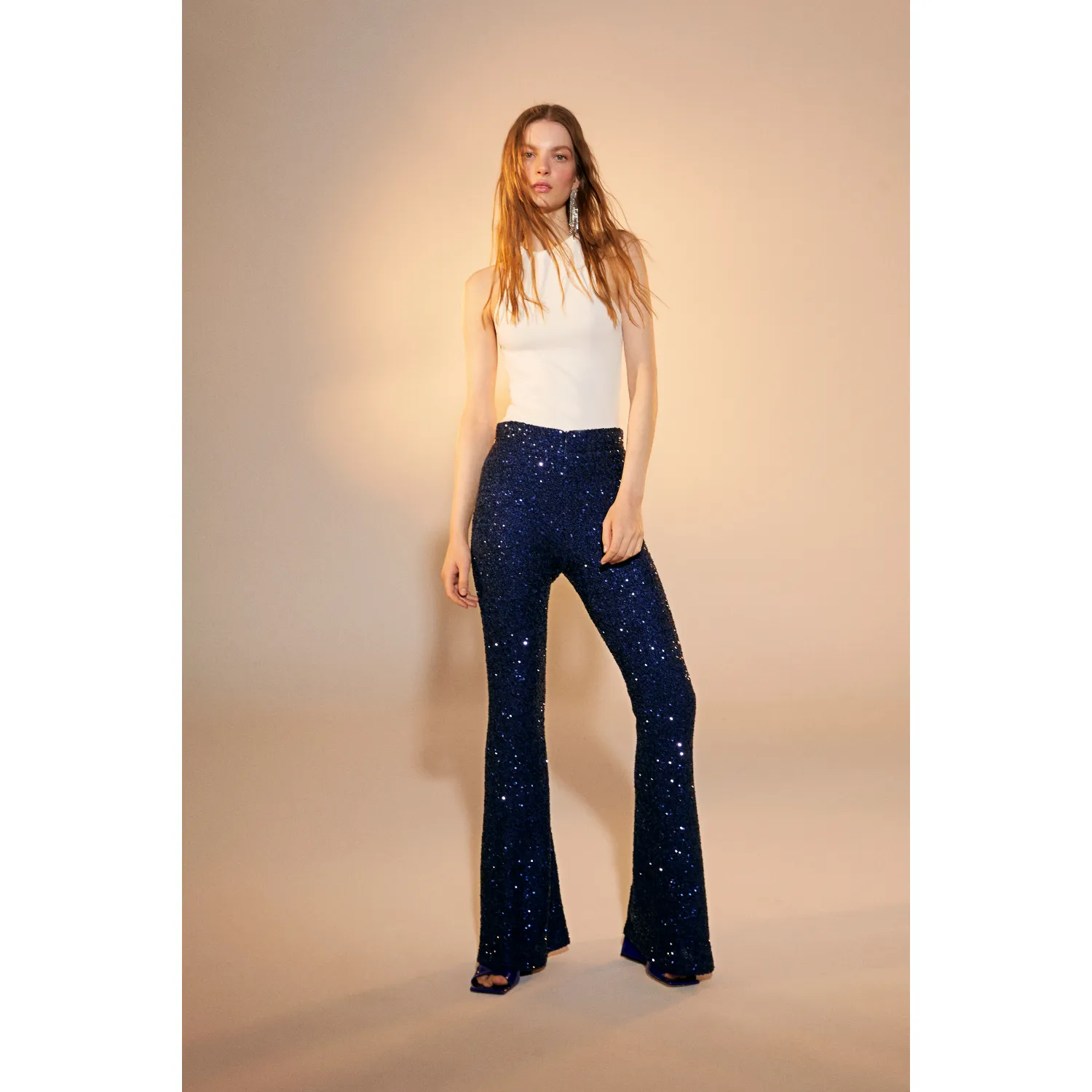 Maisy Sequin Flared Trousers in Midnight Blue