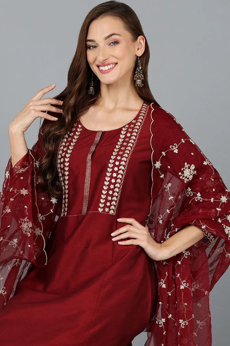 Maroon Silk Blend Straight Kurta Pant With Dupatta