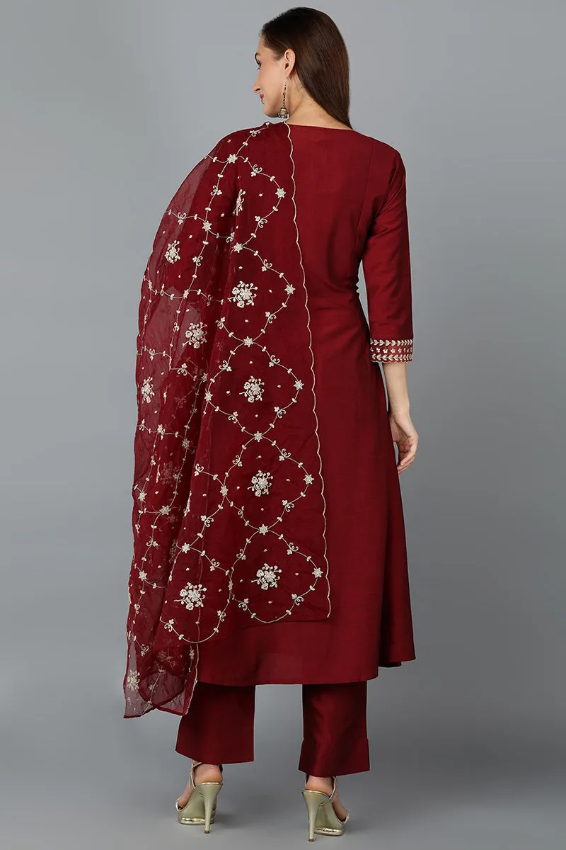 Maroon Silk Blend Straight Kurta Pant With Dupatta