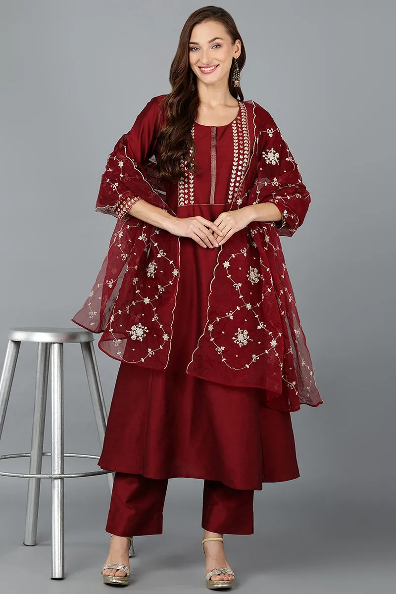 Maroon Silk Blend Straight Kurta Pant With Dupatta