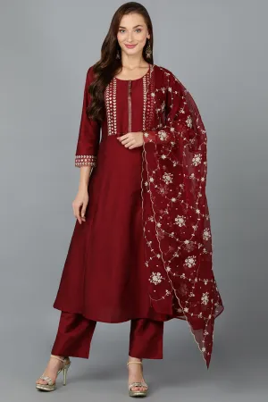 Maroon Silk Blend Straight Kurta Pant With Dupatta