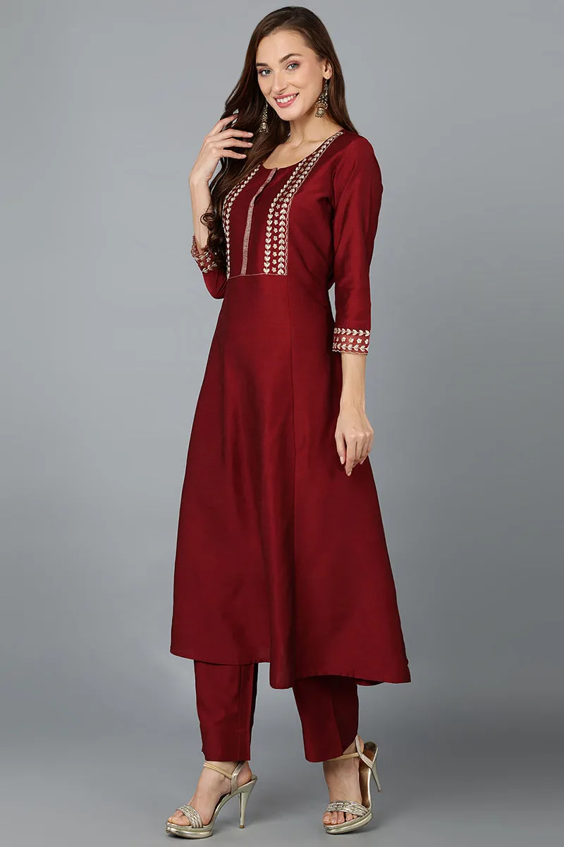 Maroon Silk Blend Straight Kurta Pant With Dupatta