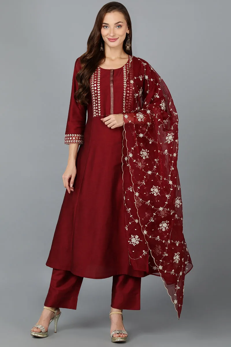 Maroon Silk Blend Straight Kurta Pant With Dupatta