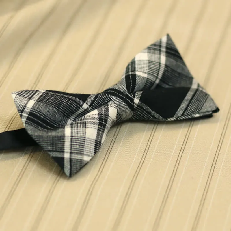 Men's Black & White British Style Plaid Cotton Bow Tie