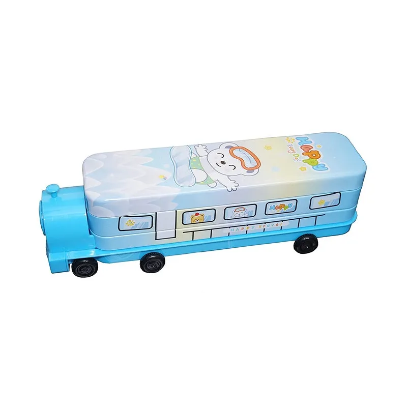 Multi-functional Metal Pencil Box Sharpener Insert Pencil Box Double Layers Stationery Item Train Engine Shape Geometry Box for Kids - Light Blue