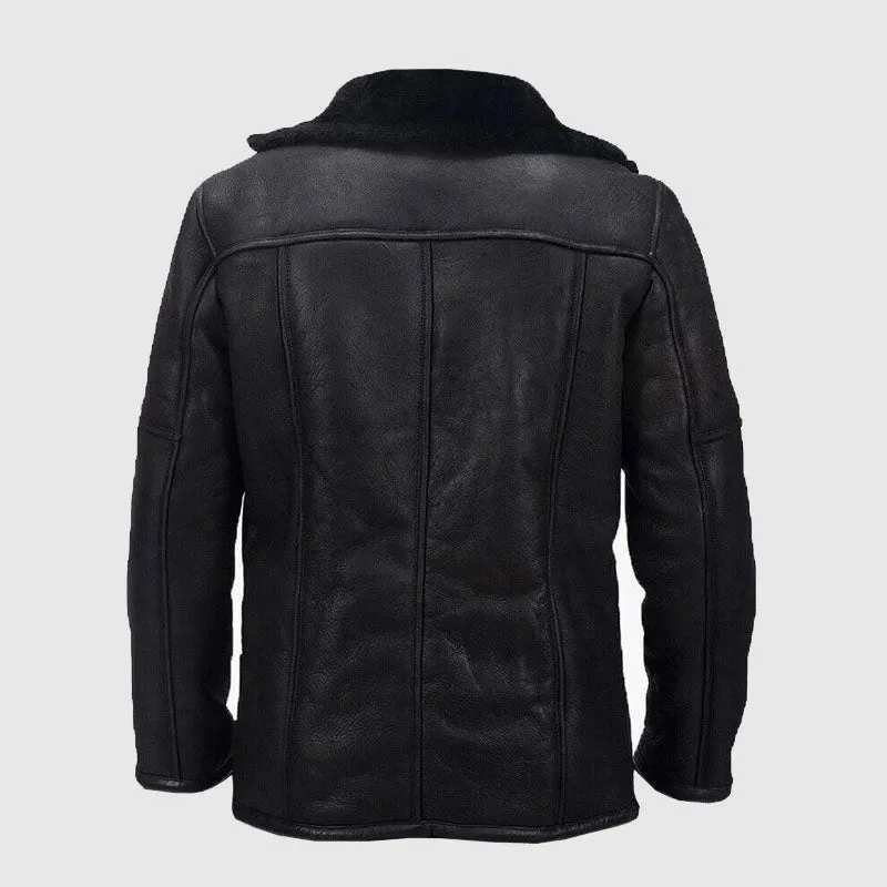 New Men's Aviator Shearling Bomber Black Genuine Sheepskin Leather Jacket Coat