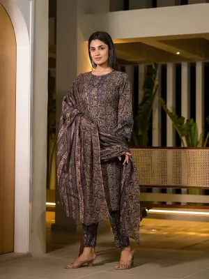 Olive Pure Cotton Paisley Print Pakistani Style Kurta And Trousers With Dupatta Set