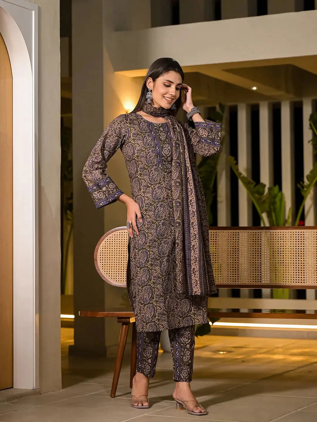 Olive Pure Cotton Paisley Print Pakistani Style Kurta And Trousers With Dupatta Set