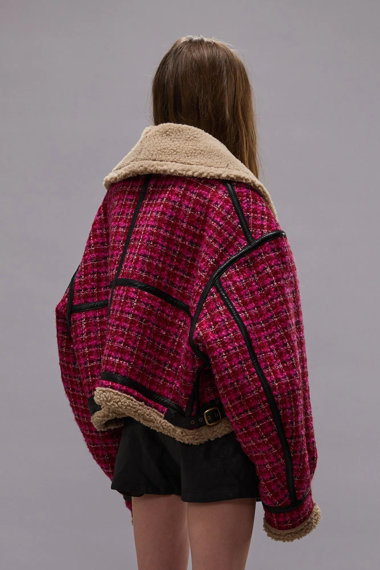 Raspberry Tweed Oversized Aviator Jacket