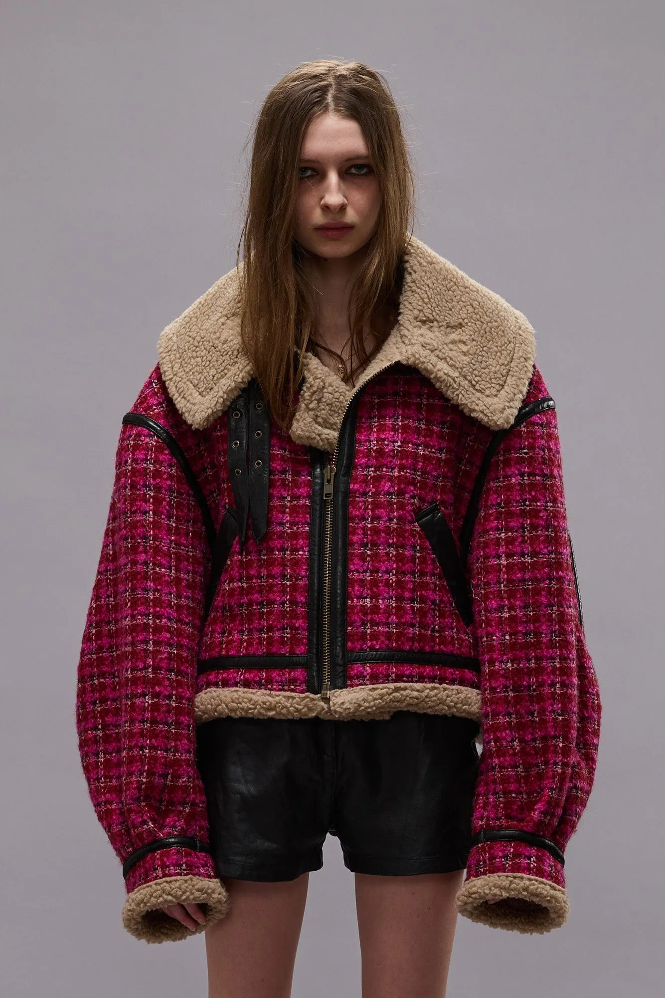 Raspberry Tweed Oversized Aviator Jacket