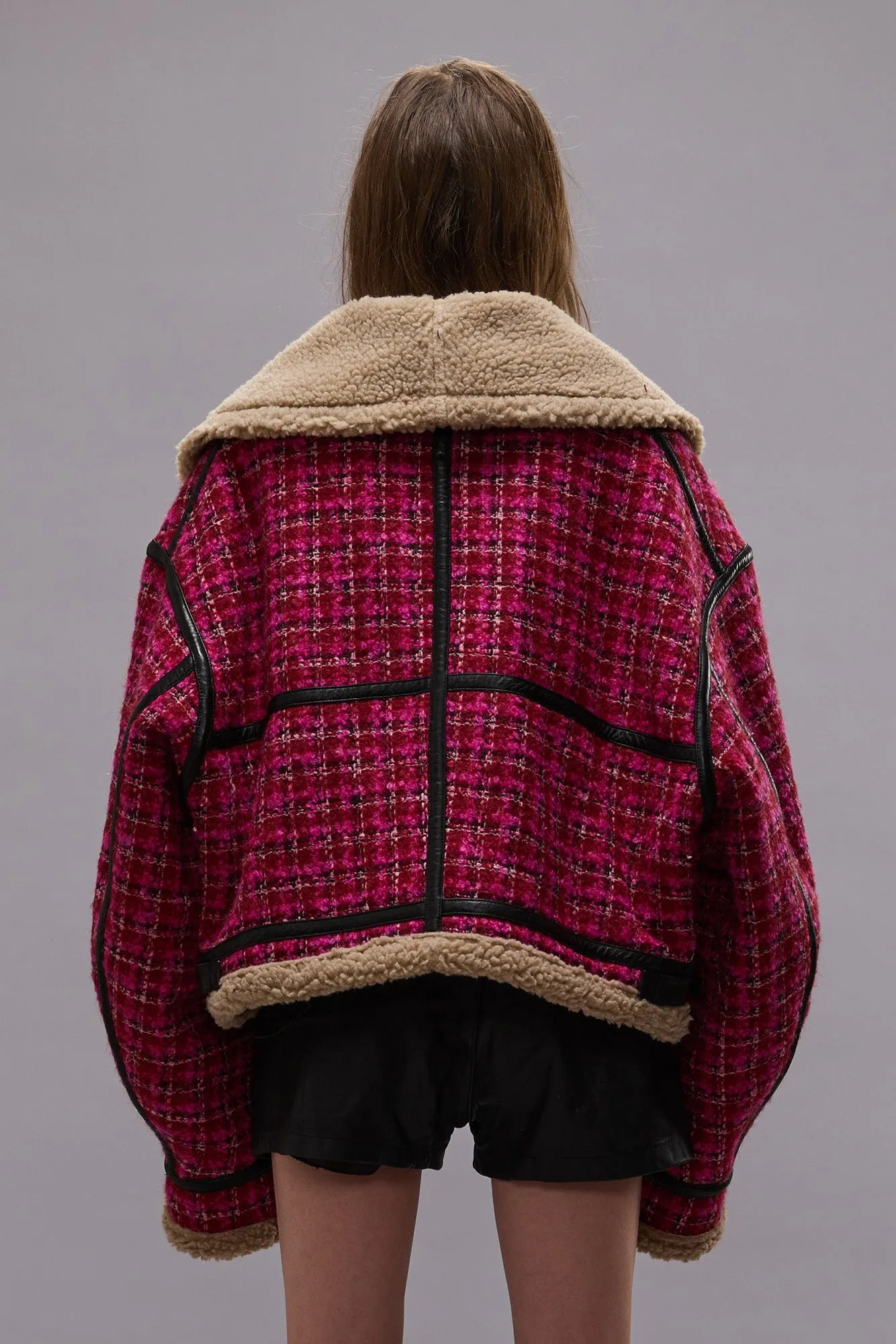 Raspberry Tweed Oversized Aviator Jacket