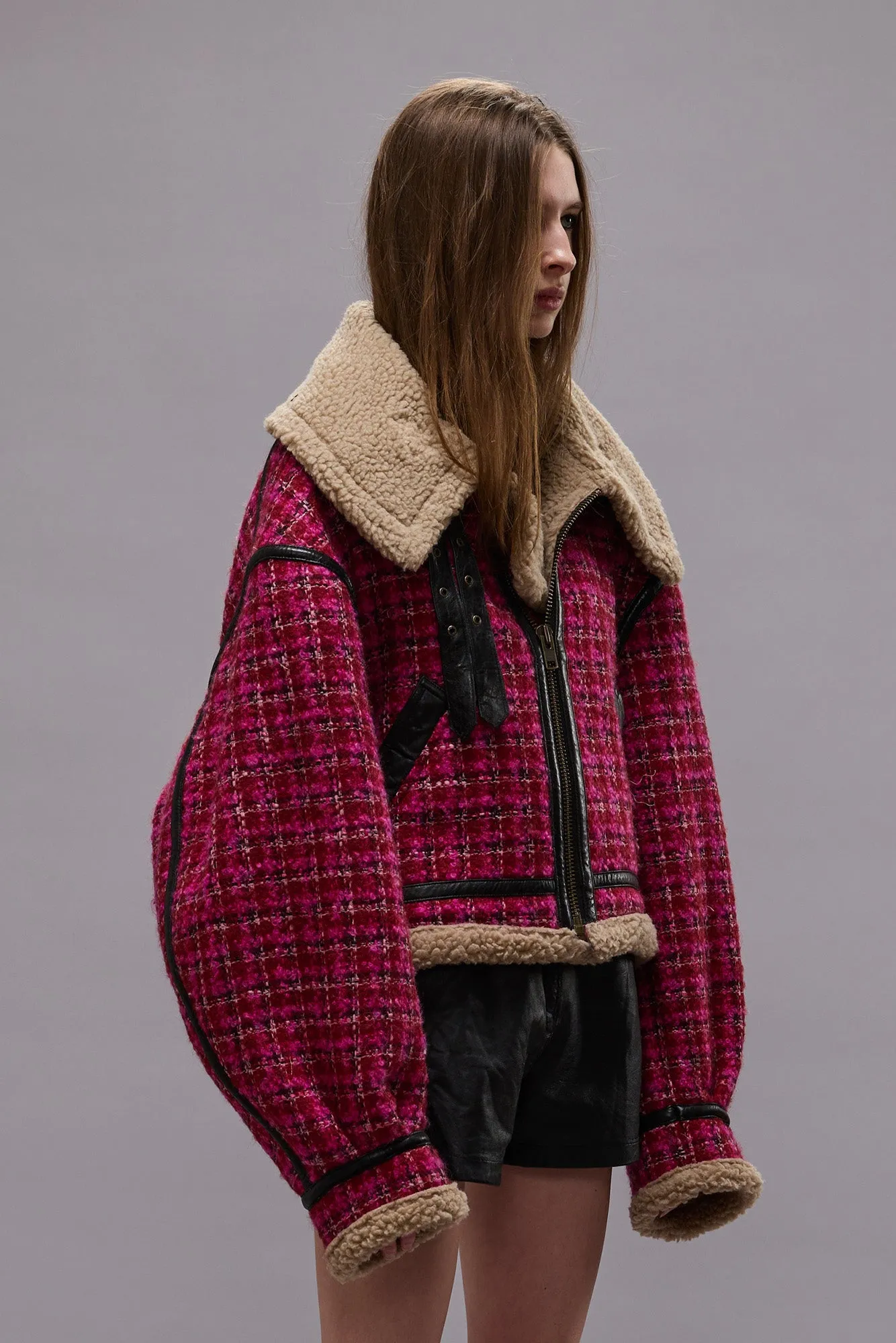 Raspberry Tweed Oversized Aviator Jacket