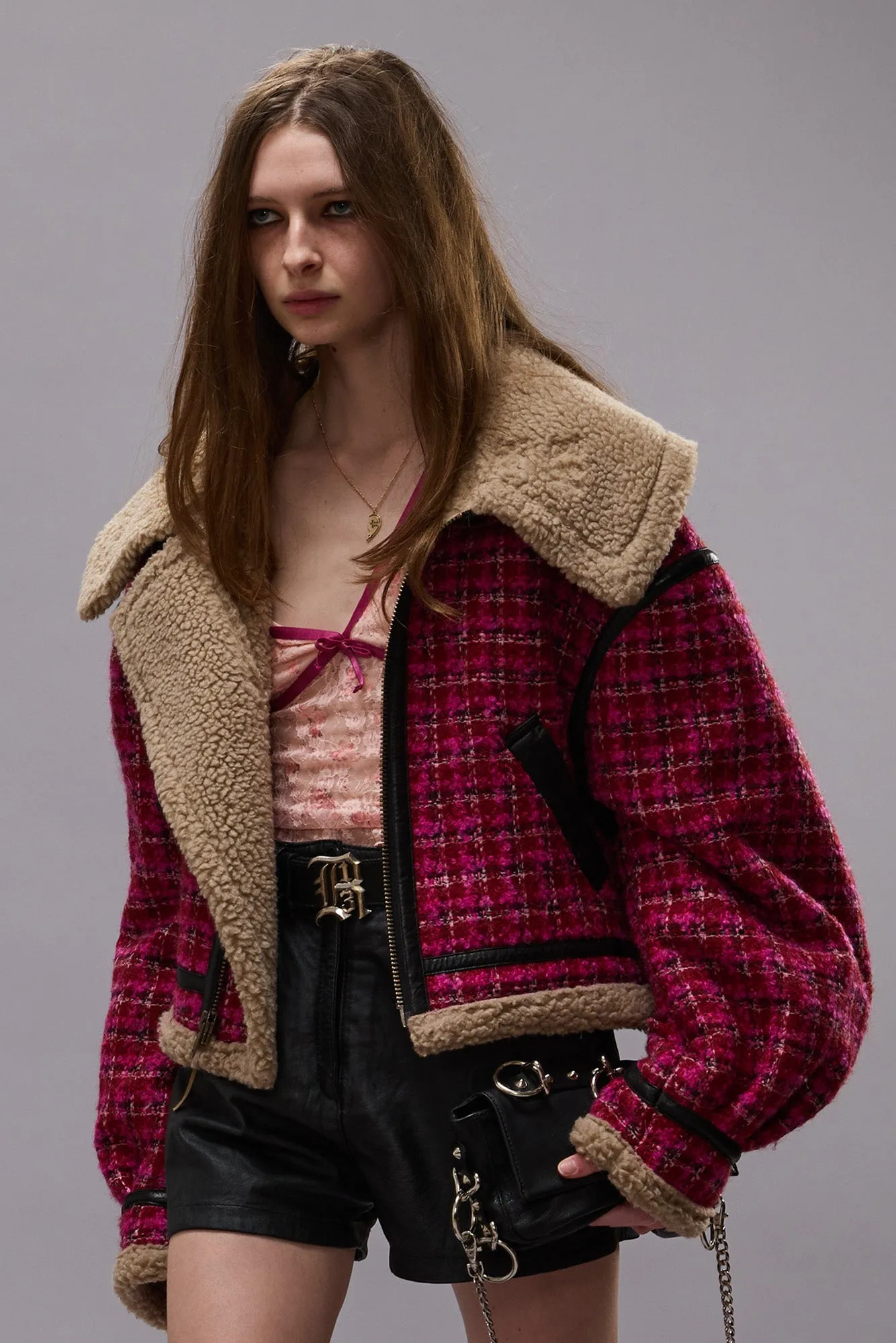 Raspberry Tweed Oversized Aviator Jacket