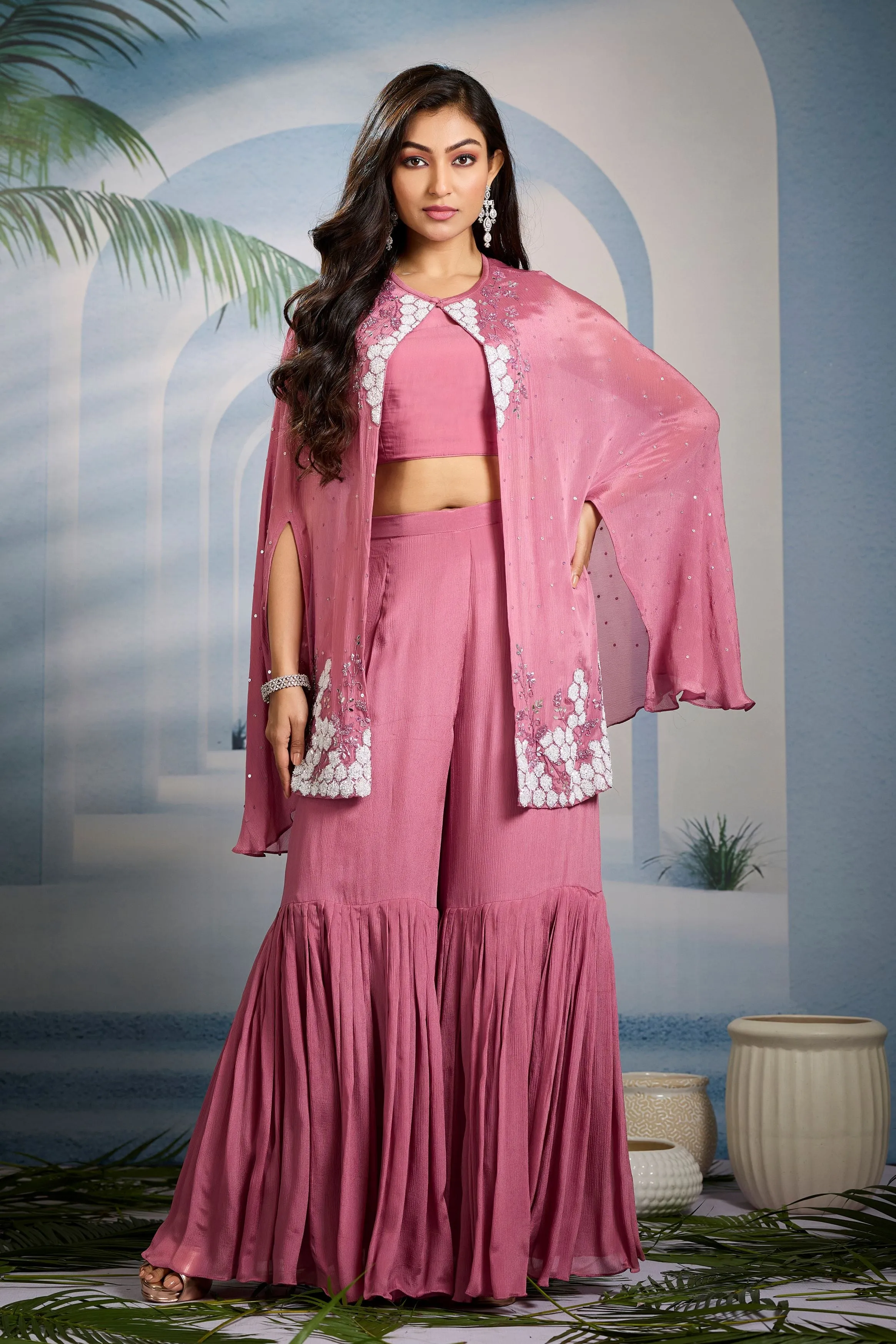 Pastel Pink Embellished Chinon Silk Cape Set