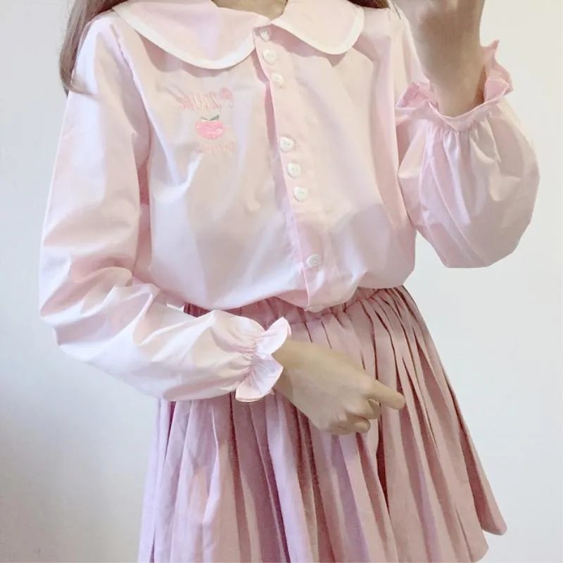 Peach Embroidered Peter Pan Collar Shirt