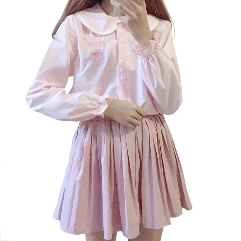 Peach Embroidered Peter Pan Collar Shirt