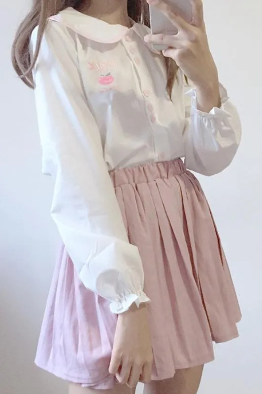 Peach Embroidered Peter Pan Collar Shirt