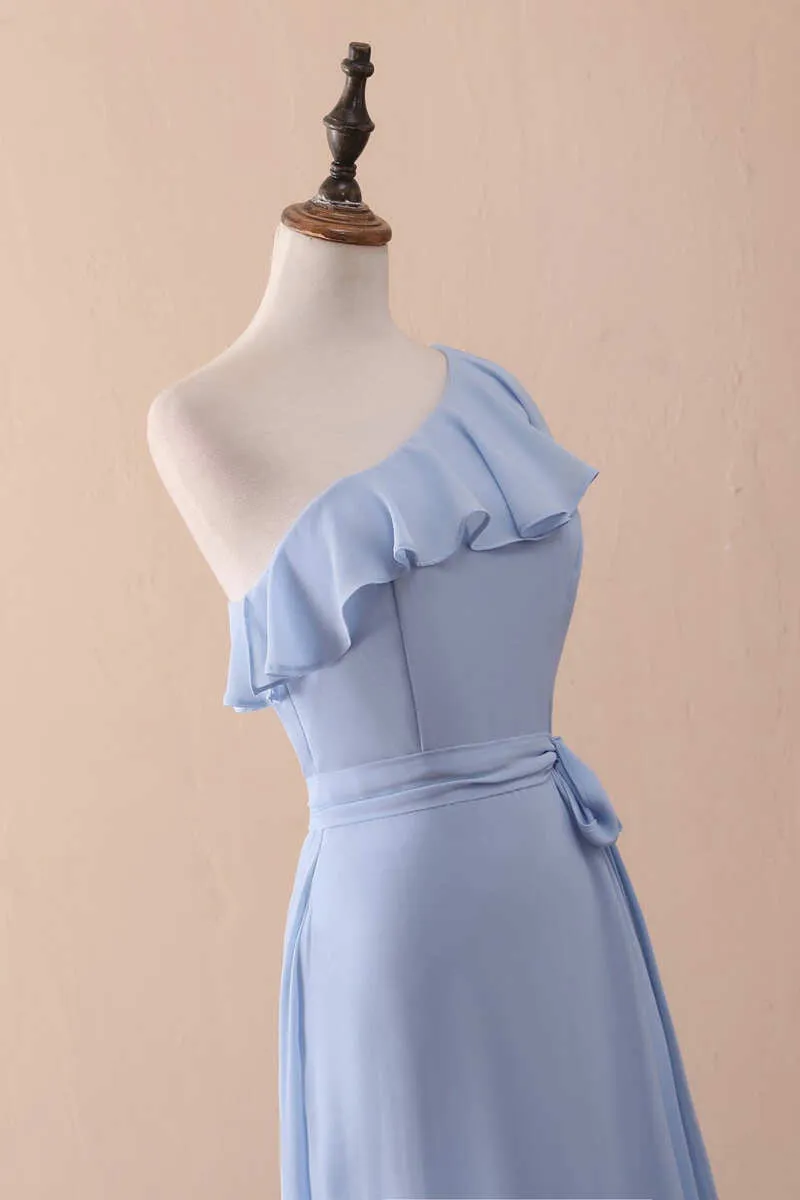 Periwinkle One-Shoulder Ruffled A-Line Long Bridesmaid Dress