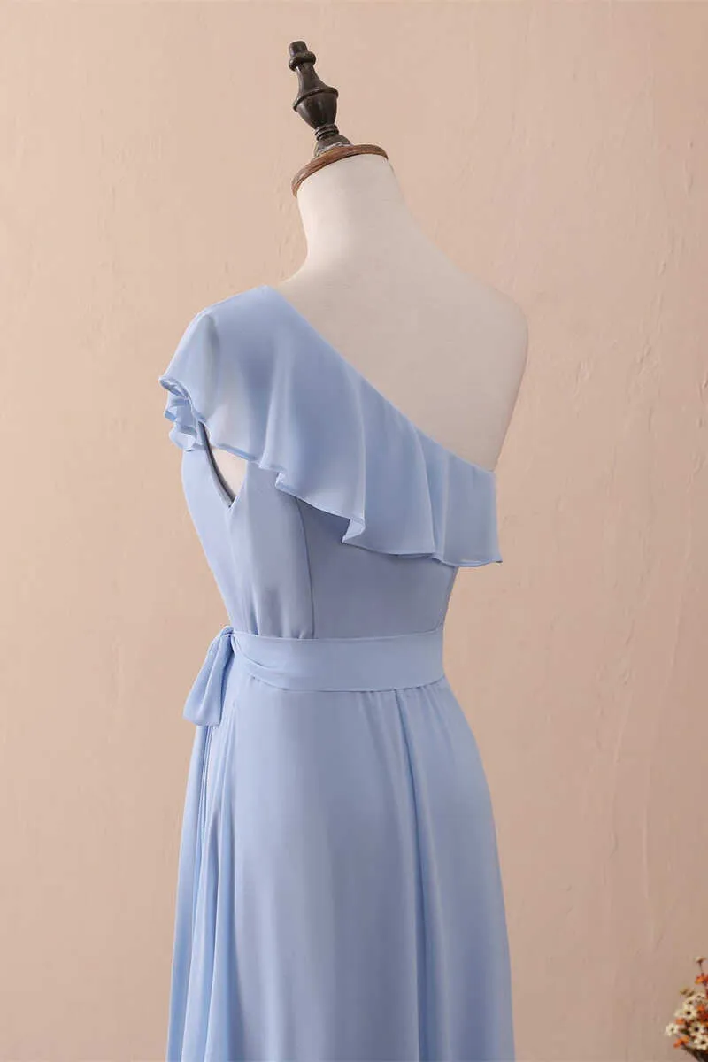 Periwinkle One-Shoulder Ruffled A-Line Long Bridesmaid Dress