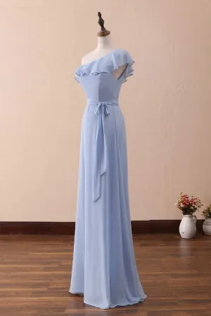 Periwinkle One-Shoulder Ruffled A-Line Long Bridesmaid Dress