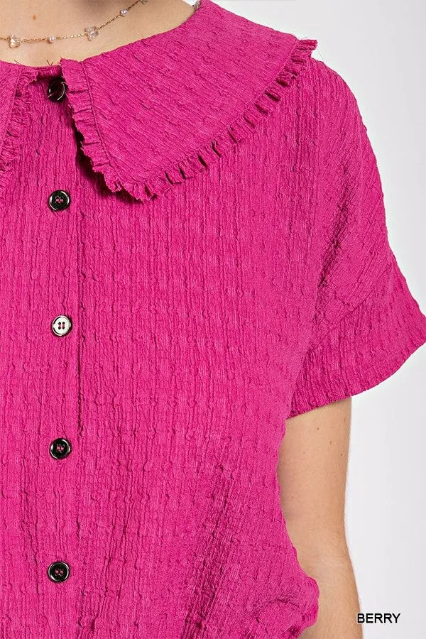 Peter pan collar textured knit button down top - 3 colors - Ships from The USA