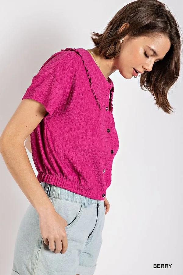 Peter pan collar textured knit button down top - 3 colors - Ships from The USA