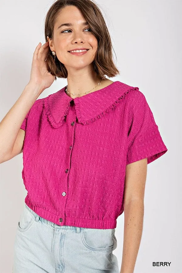 Peter pan collar textured knit button down top - 3 colors - Ships from The USA