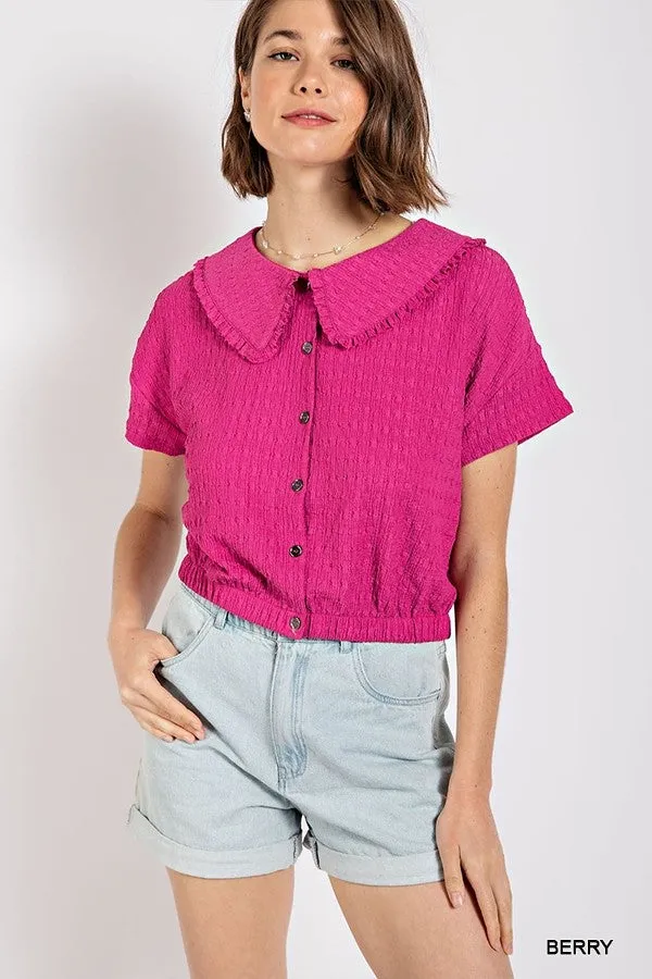 Peter pan collar textured knit button down top - 3 colors - Ships from The USA