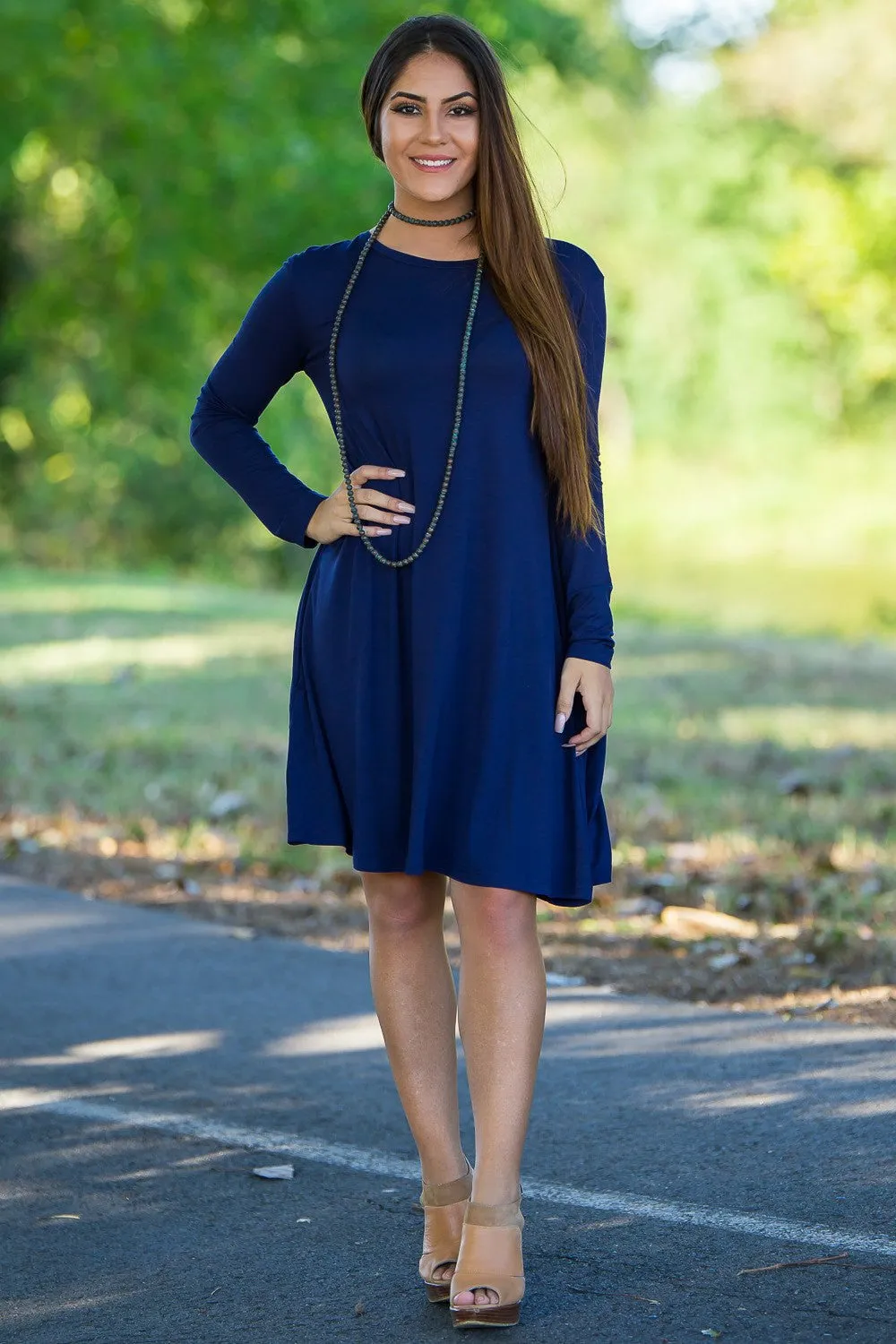 Piko Long Sleeve Swing Dress - Navy