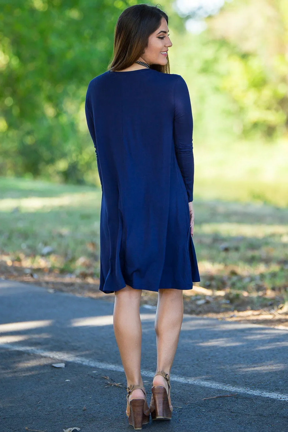 Piko Long Sleeve Swing Dress - Navy