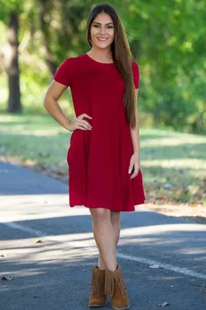 Piko Short Sleeve Swing Dress - Wine