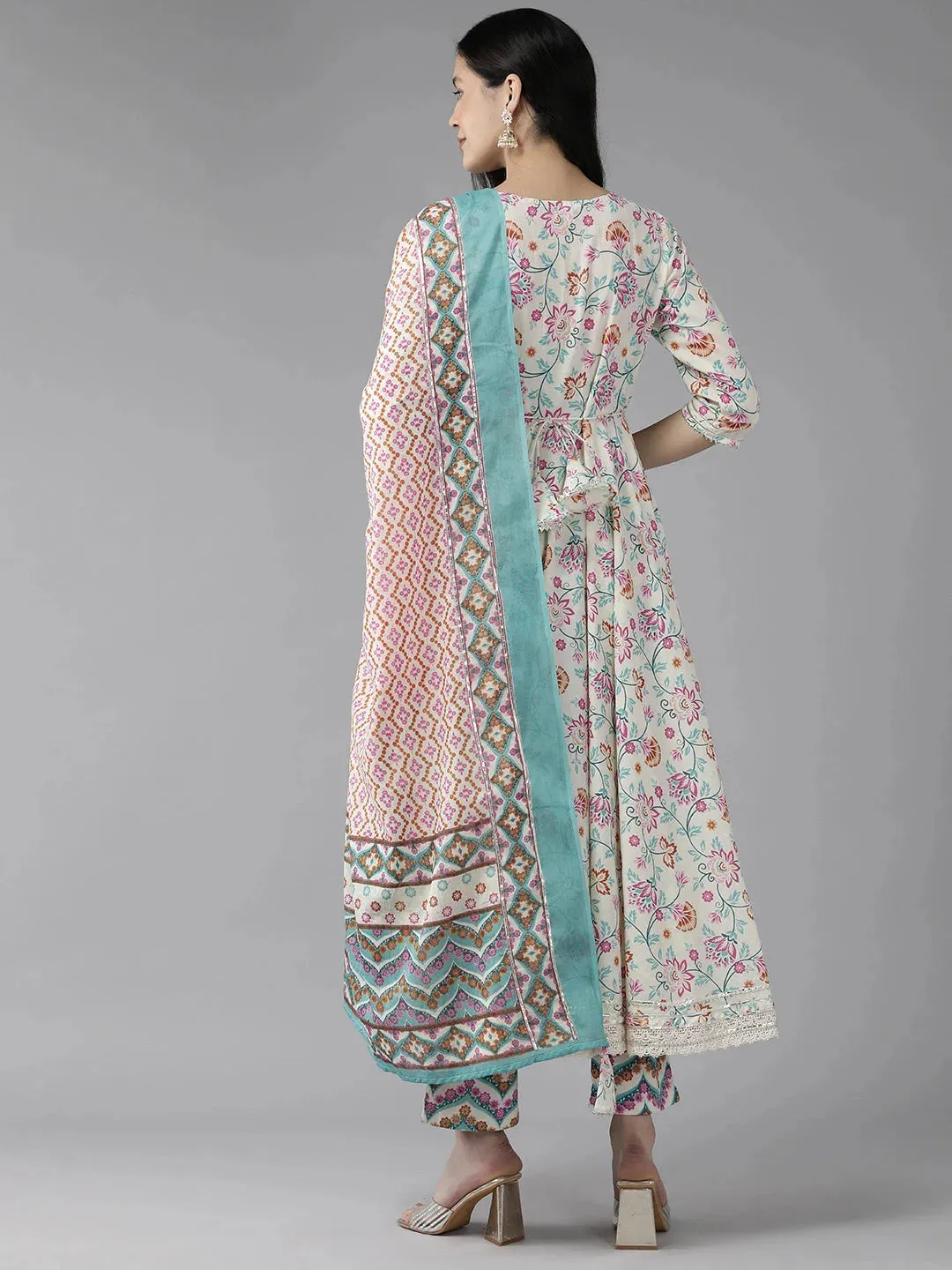 Pink And White Printed Angrakha Gotta Patti Pure Cotton Kurta With Trousers & With Dupatta