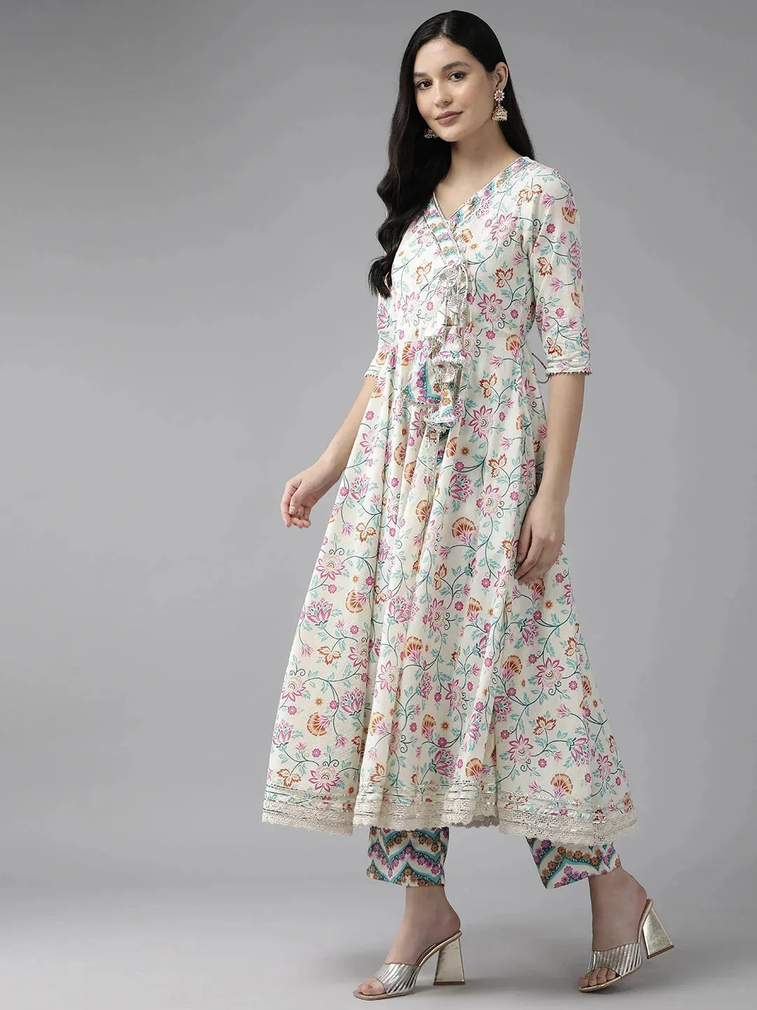 Pink And White Printed Angrakha Gotta Patti Pure Cotton Kurta With Trousers & With Dupatta