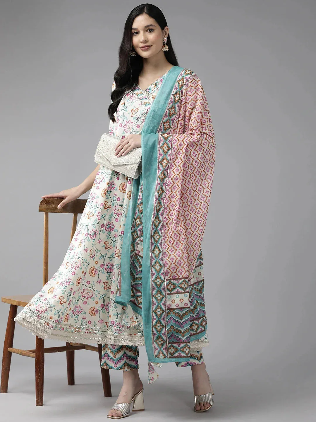 Pink And White Printed Angrakha Gotta Patti Pure Cotton Kurta With Trousers & With Dupatta