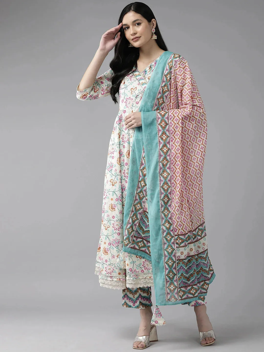 Pink And White Printed Angrakha Gotta Patti Pure Cotton Kurta With Trousers & With Dupatta