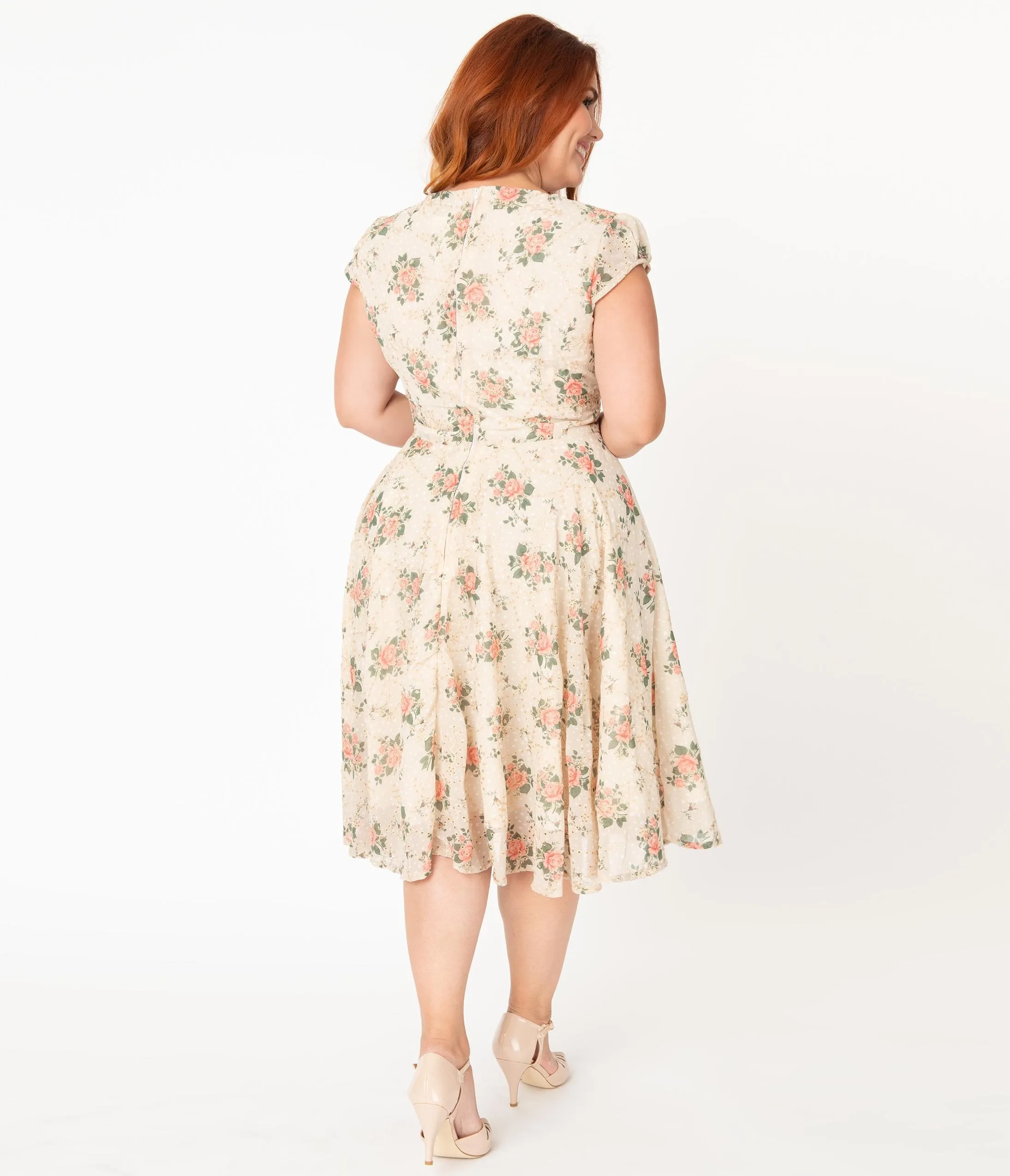 Plus Size 1950s Cream & Pink Floral Eyelet Ellen Swing Dress