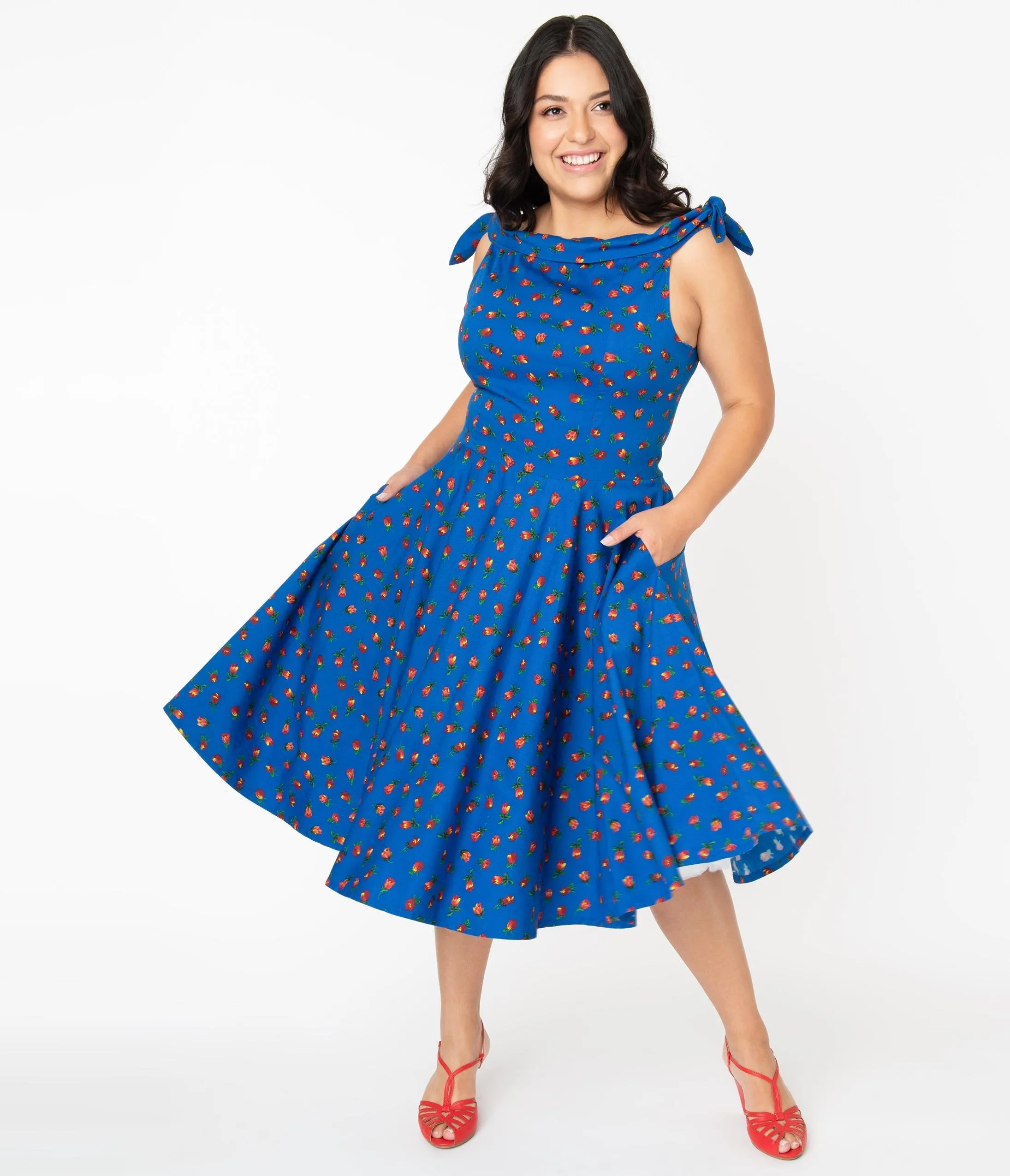 Plus Size 1950s Style Blue & Red Floral Jessica Swing Dress